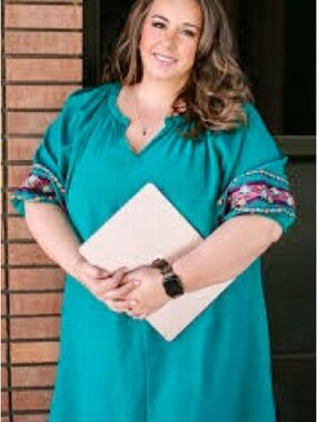 The Pioneer Woman Plus Size Teal Embroidered Sleeve Women's Dress